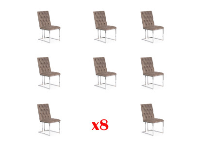 Conjunto de 8 sillas de diseño de madera y tela para el comedor.