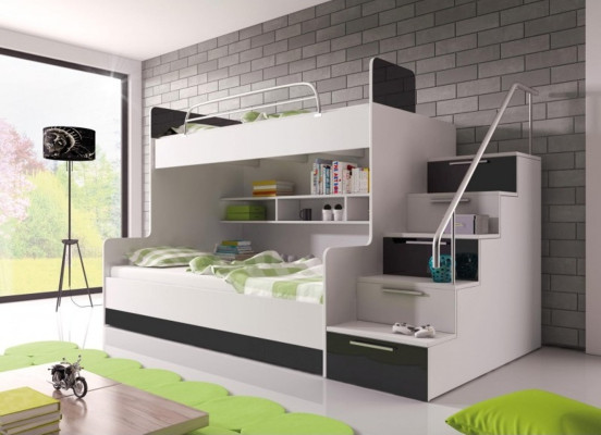 Cama litera negra de dos pisos para habitación infantil muebles brillantes.