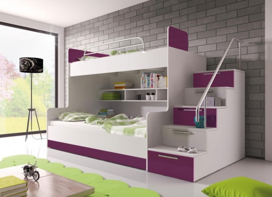 Litera doble morada para niños de alta brillantez con litera doble, cama alta de almacenamiento en el dormitorio de los niños.