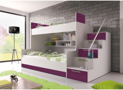 Litera doble morada para niños de alta brillantez con litera doble, cama alta de almacenamiento en el dormitorio de los niños.