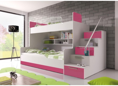 Litera infantil para habitación de niños, camas litera, litera doble, muebles de alto brillo en color rosa.
