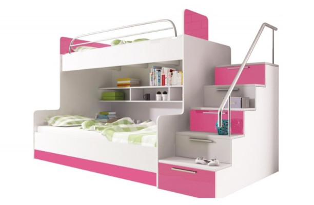 Litera infantil para habitación de niños, camas litera, litera doble, muebles de alto brillo en color rosa.