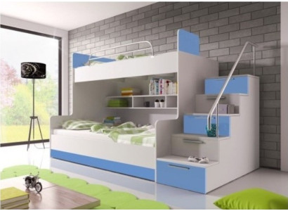 Camas de niños de diferentes pisos, camas juveniles, literas, muebles de alto brillo.