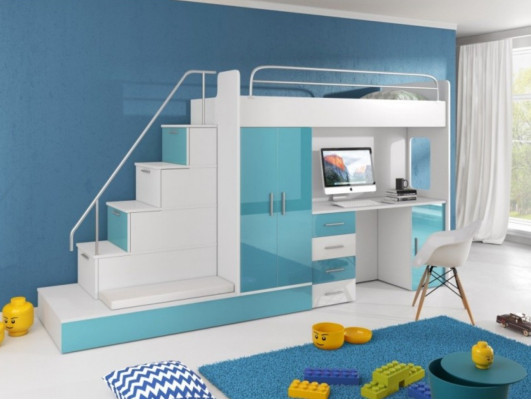 Litera cama alta Azul Dormitorio infantil Camas literas Litera Turquesa Cama Nueva
