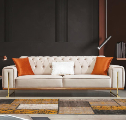 Sofá beige de 3 plazas para sala de estar, diseño de lujo Chesterfield italiano.