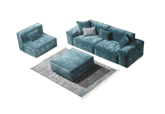 Conjunto de sofá cubo Muebles xxl de 3+1 plazas Azul Sillón de sala de estar Taburete