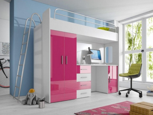 Litera doble de madera rosa para niñas con escritorio y armario brillante.