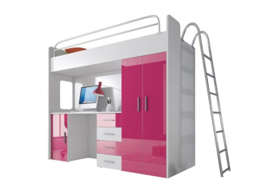 Litera doble de madera rosa para niñas con escritorio y armario brillante.