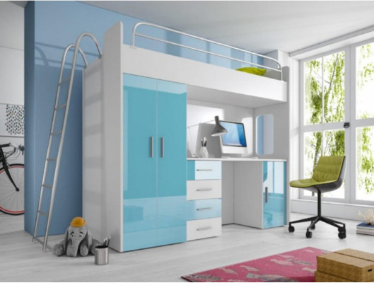 Cama litera azul de madera de alta calidad con escritorio y armario para niñas.
