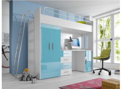 Cama litera azul de madera de alta calidad con escritorio y armario para niñas.