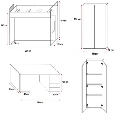Cama litera azul de madera de alta calidad con escritorio y armario para niñas.