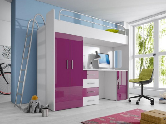 Litera doble de madera lila brillante para niñas con escritorio y armario.