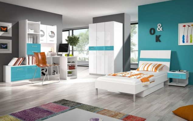 Cama + mesita de noche dormitorio juvenil habitación infantil conjunto muebles azul 2 piezas.