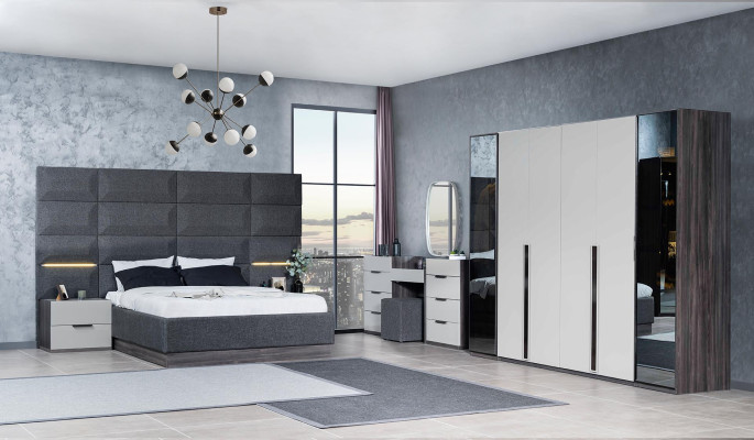 Dormitorio Cama Mesita de noche Armario Cómoda con espejo Muebles Madera Lujo