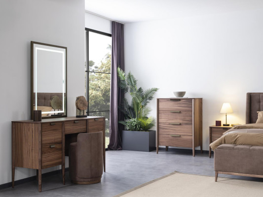 Juego de tocador con consola y espejo de madera para muebles de dormitorio con diseño de taburete.