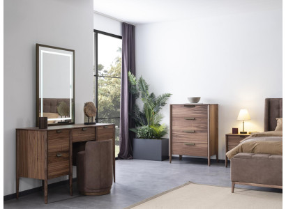 Juego de tocador con consola y espejo de madera para muebles de dormitorio con diseño de taburete.