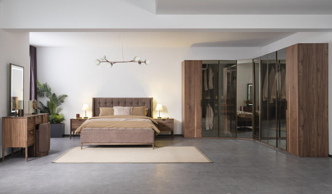 Juego de tocador con consola y espejo de madera para muebles de dormitorio con diseño de taburete.