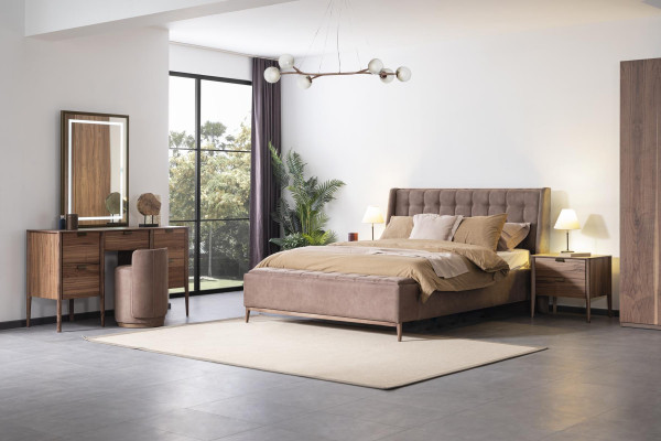 Juego de tocador con consola y espejo de madera para muebles de dormitorio con diseño de taburete.