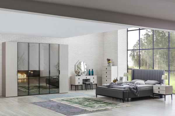 Conjunto completo de dormitorio gris claro, cama, armario, mesitas de noche, 7 piezas.