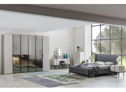 Conjunto completo de dormitorio gris claro, cama, armario, mesitas de noche, 7 piezas.
