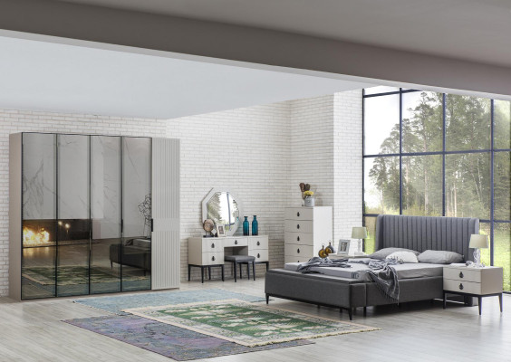 Tocador con espejo Diseño de dormitorio gris Consola Taburete Nuevo