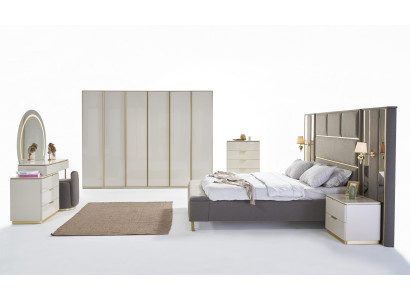 Juego de dormitorio completo de lujo en beige y dorado, cómoda, cama, mesita de noche, de 7 piezas. Brillo