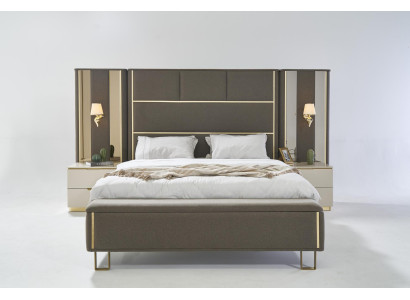 Cama Cama doble 2 mesitas de noche Diseño de madera Camas Dormitorio Acolchado Conjunto de 3 piezas