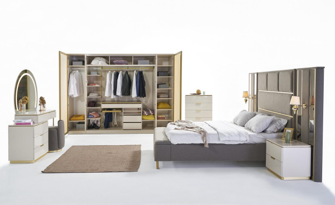 Conjunto de consola de dormitorio y mesita de noche 2x, muebles de hotel de lujo en beige, nuevo.