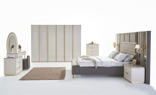 Conjunto de consola de dormitorio y mesita de noche 2x, muebles de hotel de lujo en beige, nuevo.