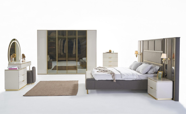 Juego de dormitorio de lujo: cama, mesita de noche, cómoda, espejo, armario de 7 piezas.