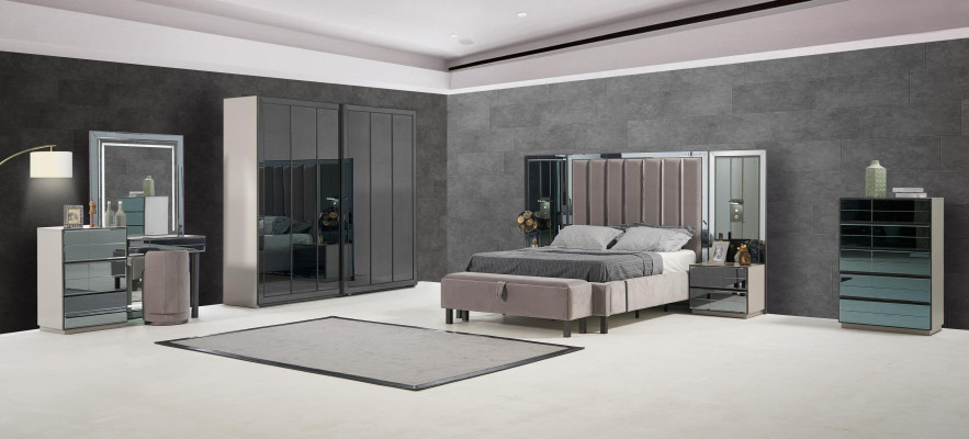 Dormitorio Set Cama 2x Mesilla de noche Taburete Doble Camas Muebles tapizados 4 piezas. Nuevo