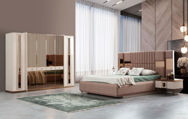 Armario de seis puertas en color beige, mueble de madera para armario.