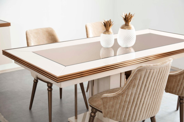 Mesa de comedor de lujo Beige Mesa de vidrio Mesa de madera Diseñador Mesa de cocina