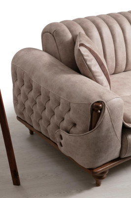 Conjunto de sofás de diseño 3+1, mesa de centro de sofá, funda de sofá textil marrón, madera.