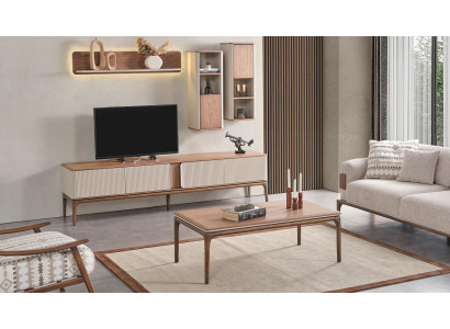 Mueble de televisión, bajo aparador, armario, mesa de centro, salón moderno beige de madera