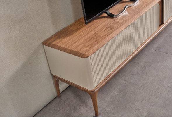 Mueble de televisión, bajo aparador, armario, mesa de centro, salón moderno beige de madera