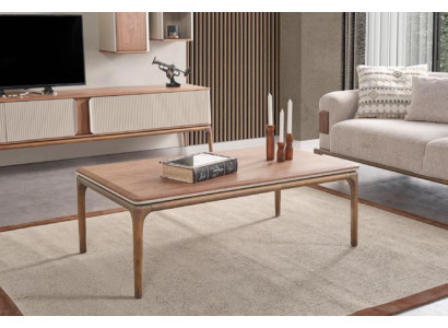 Mesa de centro de diseñador, mesa de centro moderna de madera para sala de estar beige.