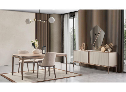 Grupo de comedor Mesa de comedor 4 sillas Aparador Espejo Moderno 7 piezas Madera Beige