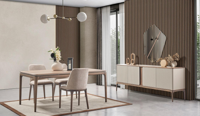 Mueble aparador de espejo con juego de cómoda de madera en color beige para salón.