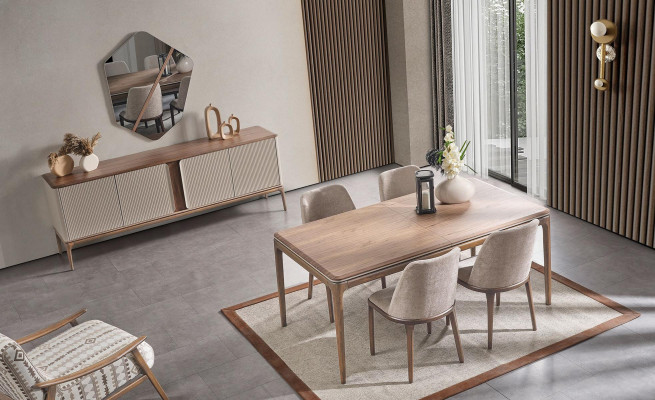 Mueble aparador de espejo con juego de cómoda de madera en color beige para salón.