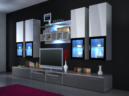 Mueble de salón con armario colgante en alto brillo "elección de color" iluminación LED estante nuevo