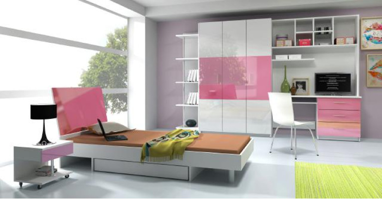 Habitación juvenil de 7 piezas, Dormitorio completo para niños Cama Armario Escritorio RAJ3