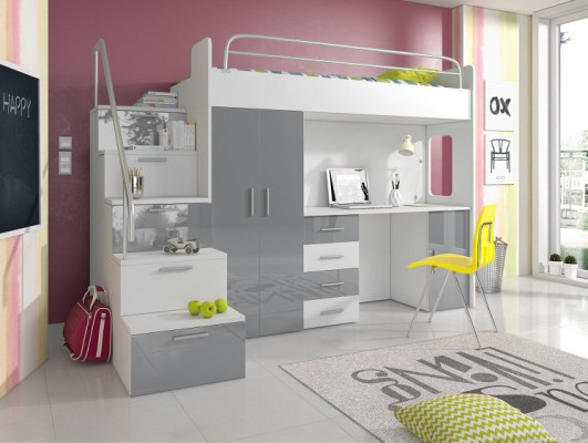 Cama juvenil completa diseño de dormitorio infantil cama armario mesa GRIS