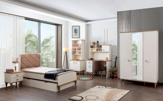 Set de habitación para niños beige cama de niño mesa de noche habitación juvenil diseño moderno nuevo 2 partes.