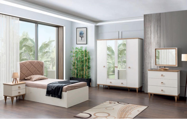 Set de habitación para niños beige cama de niño mesa de noche habitación juvenil diseño moderno nuevo 2 partes.