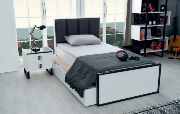 Habitación juvenil para adolescentes, muebles de dormitorio, cama + mesita de noche negro blanco 2 piezas.