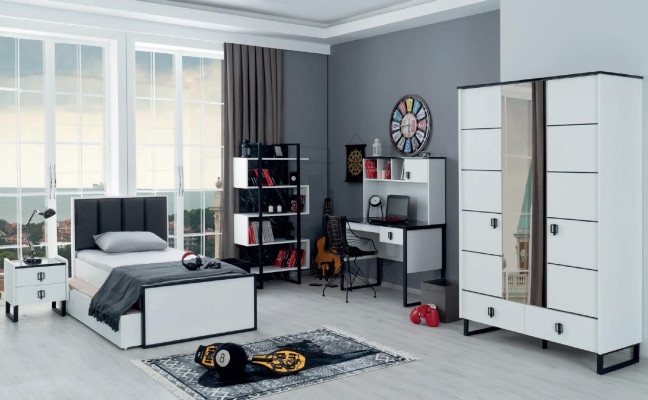 Habitación juvenil para adolescentes, muebles de dormitorio, cama + mesita de noche negro blanco 2 piezas.