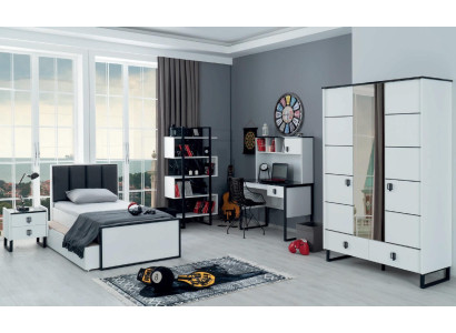 Habitación juvenil para adolescentes, muebles de dormitorio, cama + mesita de noche negro blanco 2 piezas.