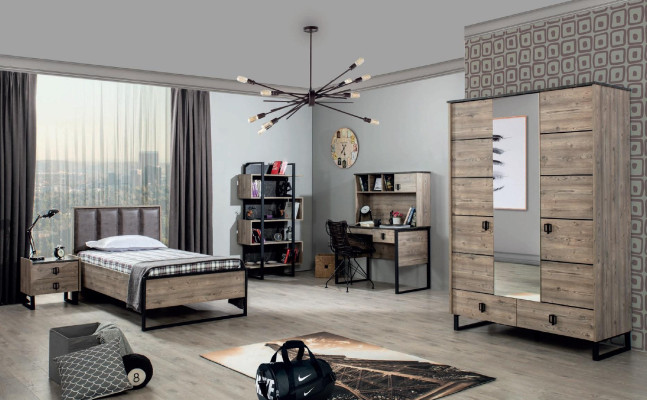 Diseño de loft: cama de dormitorio de madera con cabecero acolchado, nueva estructura de cama.