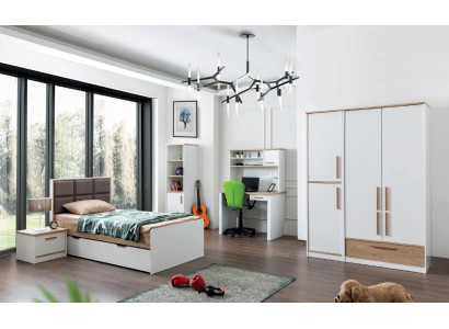 Moderno conjunto de dormitorio juvenil: cama, mesita de noche, estantería, mesa, dormitorio de 5 piezas.